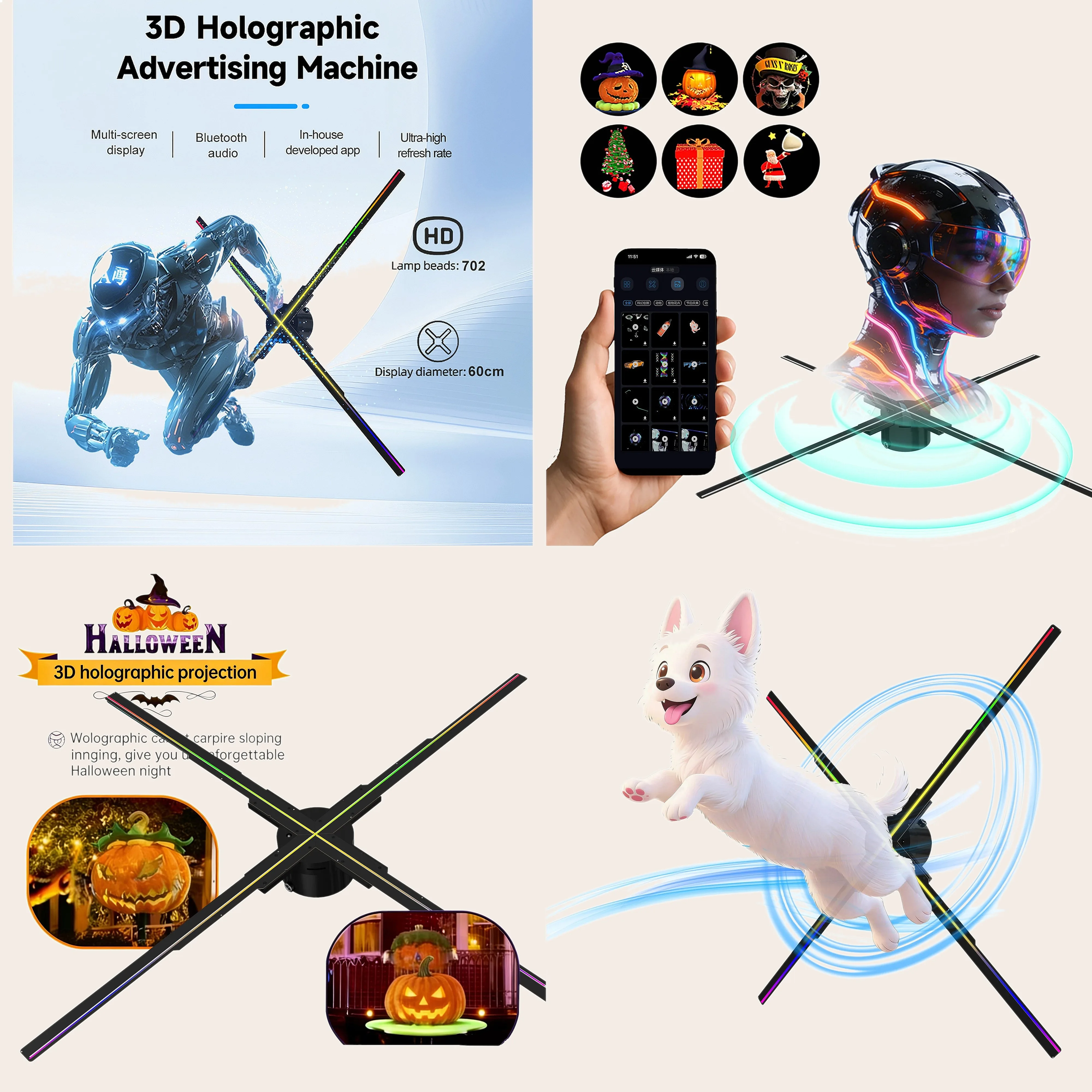 3D Holographic Fan Projector 60cm 702 LED Naked Eye Rotating HD Advertising Display