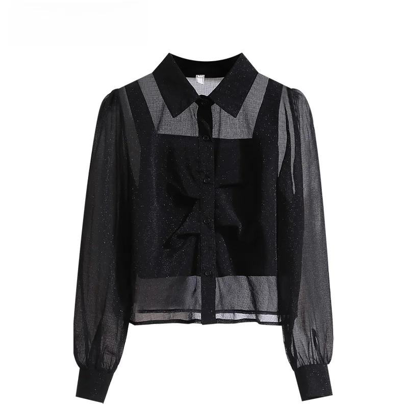 

CaraCLUB Sexy Short Shirt Women's Loose plus Size Summer Slimming Top Korean Style Commute Long Sleeve Button up Cardigan