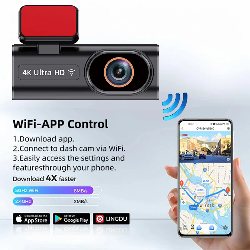 E-ACE DVR Mobil WIFI GPS Mendukung Depan 4K Opsional Belakang 1080P Lensa Ganda Kotak Hitam Kamera Spion WDR Penglihatan Malam G-sensor