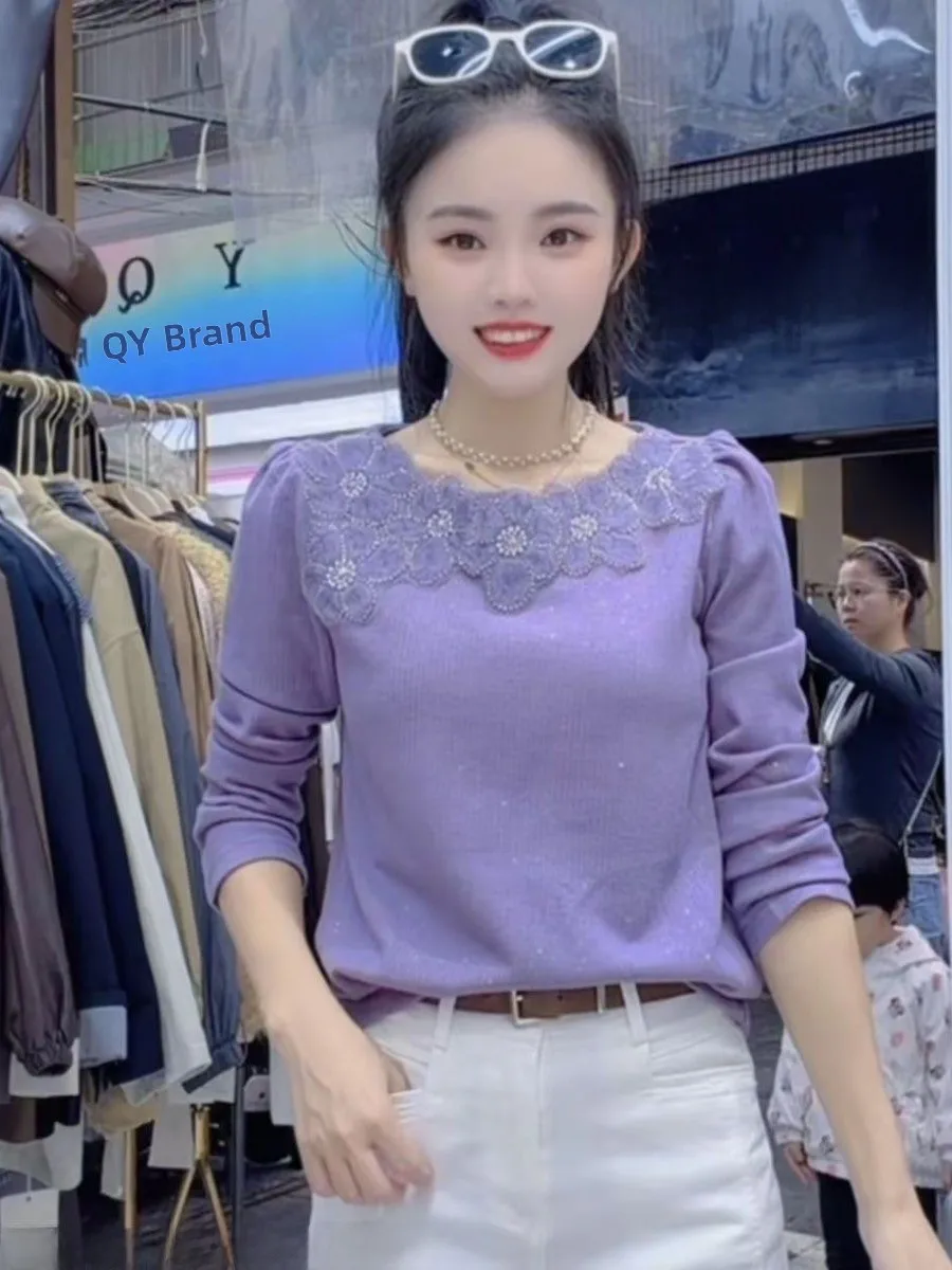 

Faux Pearl Flower Embellied Fce Lined Long Sve Base Layer Top Trendy French Sle Straight Cut Women's Faion