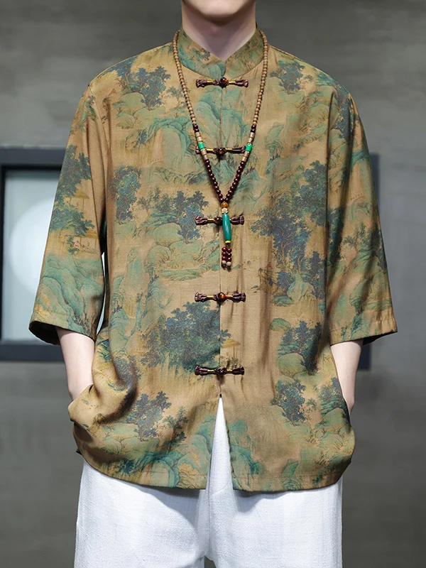 

Летняя мужская футболка из ледяного шелка с принтом, свободного кроя, в стиле ханьфу, традиционная китайская одежда