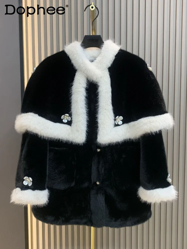 

Imitation Mink Fur Coat Women 2024 Winter New Cape Shawl Black and White Contrasting Colors Thickened Warm Faux Fur Coats