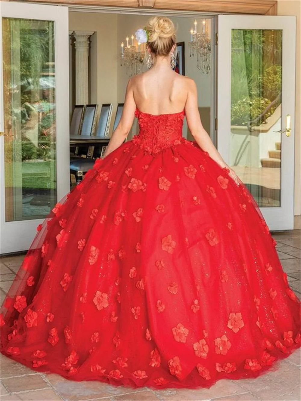 Amanda Gorgeous Ball Gown Prom Dress Red 3D Flower Vestidos De Fiesta Queen Strapless Flower Wedding Dress فساتين سهرة