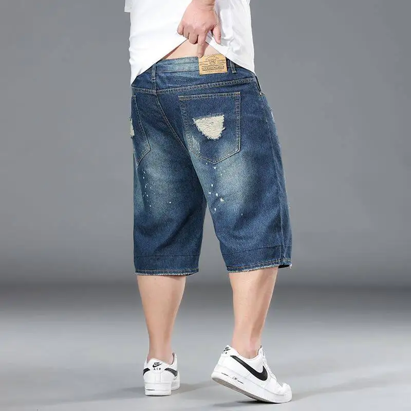 Blue Men's Denim Shorts, Summer Casual Jeans Short Pants with Pockets ripped and Scratch Decoration Asian Size 28-40 42 44 46 48