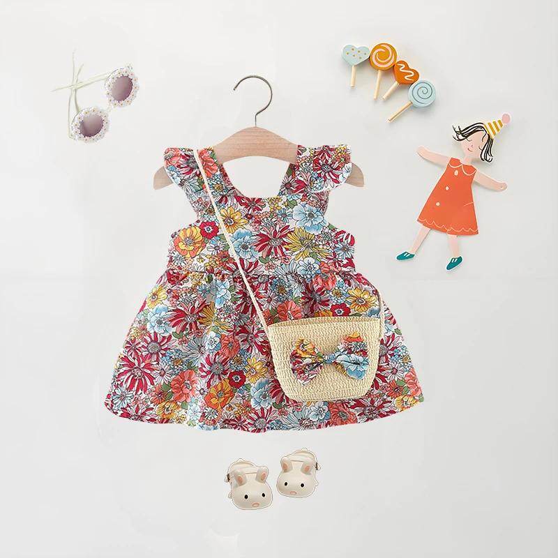 

Summer Baby Girl Dress+Bag 2 Pcs Fashionable Flower Fly Sleeve Cotton Dress With Crossbody Bag Suitable For Infants Aged 0-3