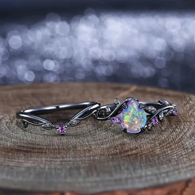 Huitan Spezieller schwarzer 2-teiliger Ring für Damen, Weinblatt-Design, frischer lila Opal, Accessoires, Party, Hochzeit, Schmuck mit eingelegtem CZ – Detail 3