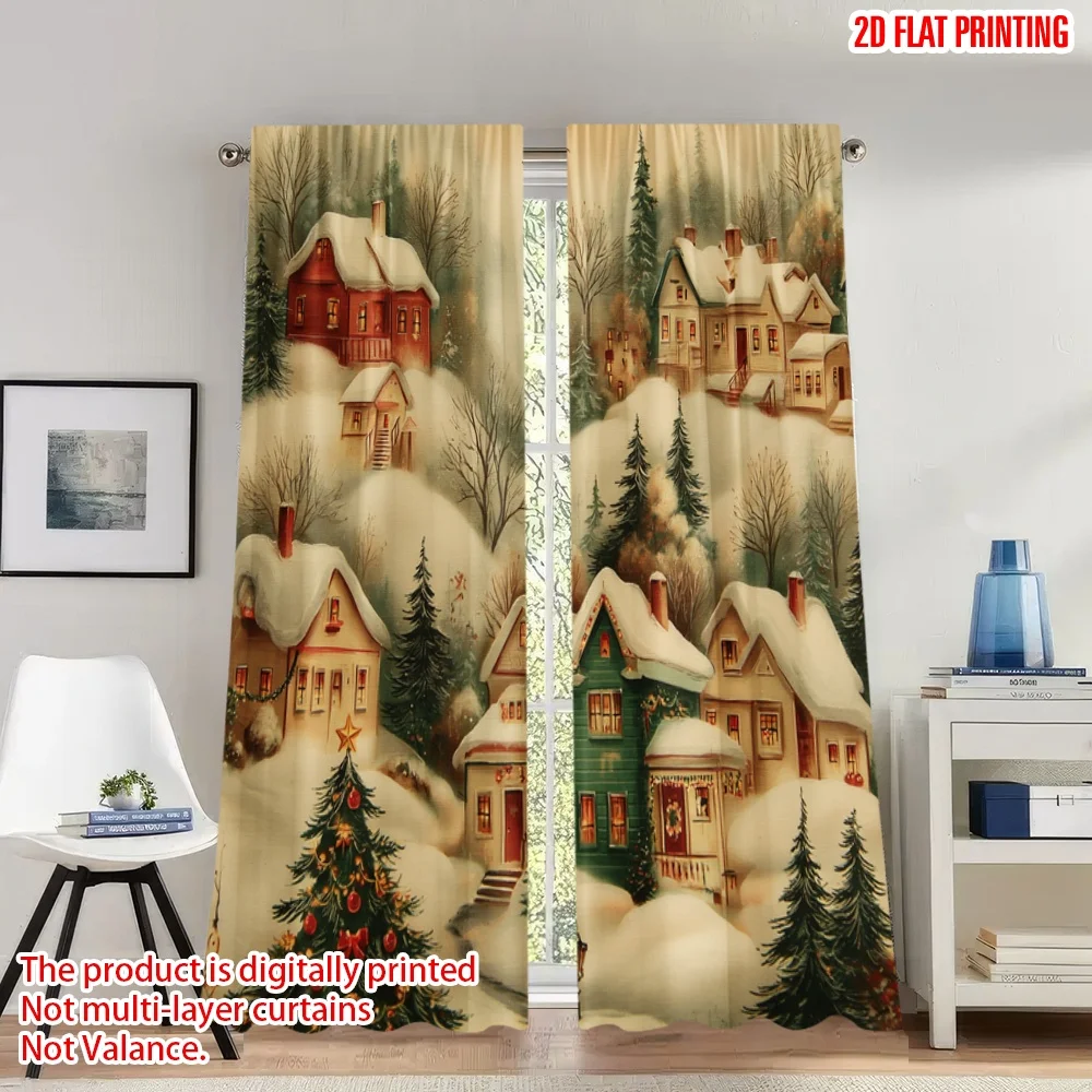 

2pcs 2D flat printing Christmas Classic Hot Curtains Cozy Snow Village Houses Digital Printed Polyester Drapes Family Party for
