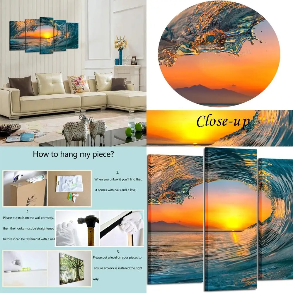 

Modern 5-Piece Sea Wave Canvas Art, Framed Giclee Prints for Living Room & Office Decor (60x32 inches)
