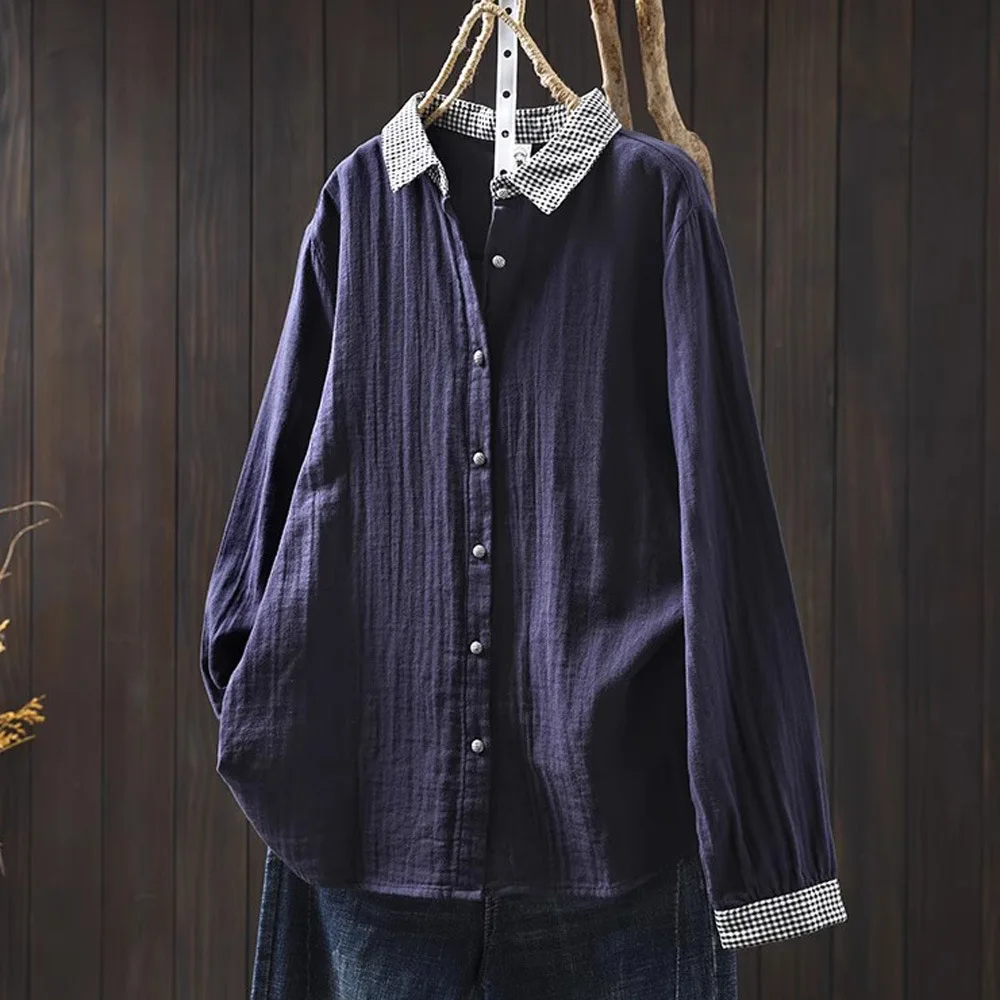 

Осенняя одежда Enianechu, 100% хлопчатобумажная пряжа, клетчатый воротник, белые, темно-синие рубашки, блузки с длинными рукавами, женский топ с длинными рукавами