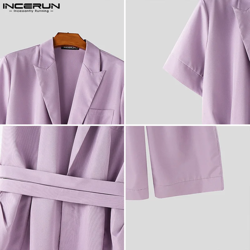 INCERUN hommes combinaisons couleur unie revers à manches courtes homme Blazer barboteuses Streetwear 2025 été ample mode salopette S-5XL