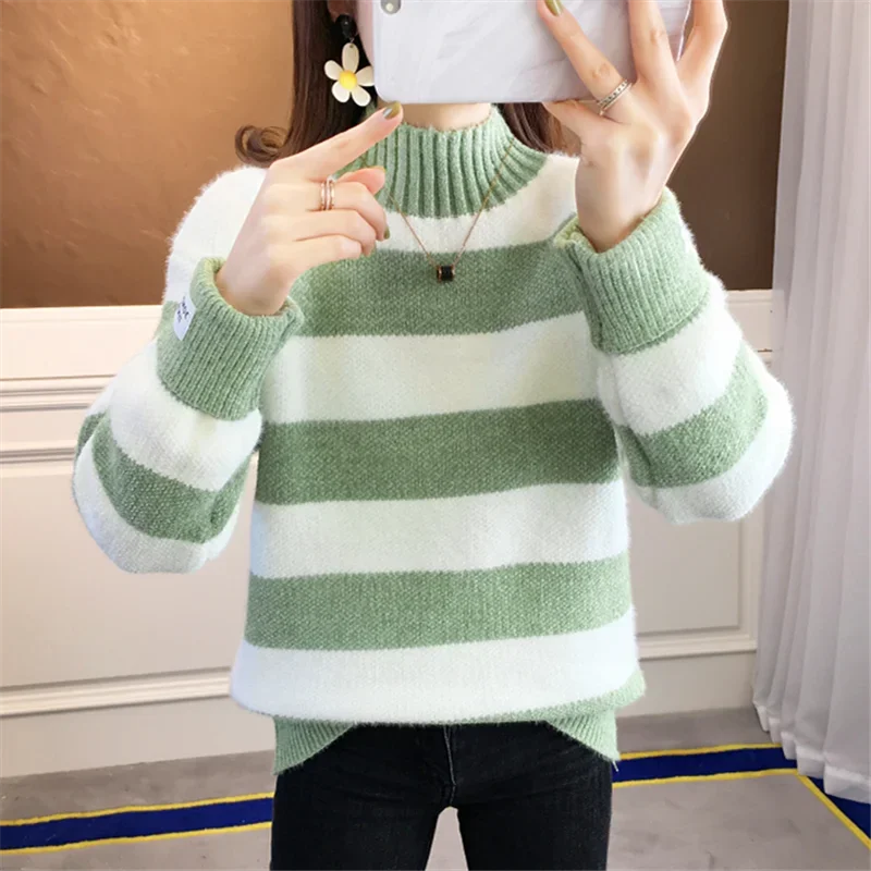 

Striped Half Turtleneck Knitted Sweater Women Short Pullover Autumn Winter Mink Cashmere Half High Collar Knitting Tops Female