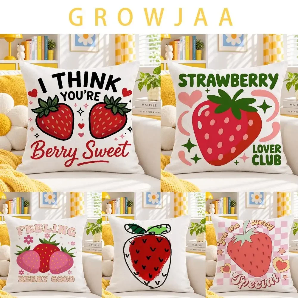 graphic Retro Cute Strawberry Text Cushion Cover Throw Pillow Short Plush Fresh Bright Cushion for Bedroom Sofa Ornament Present