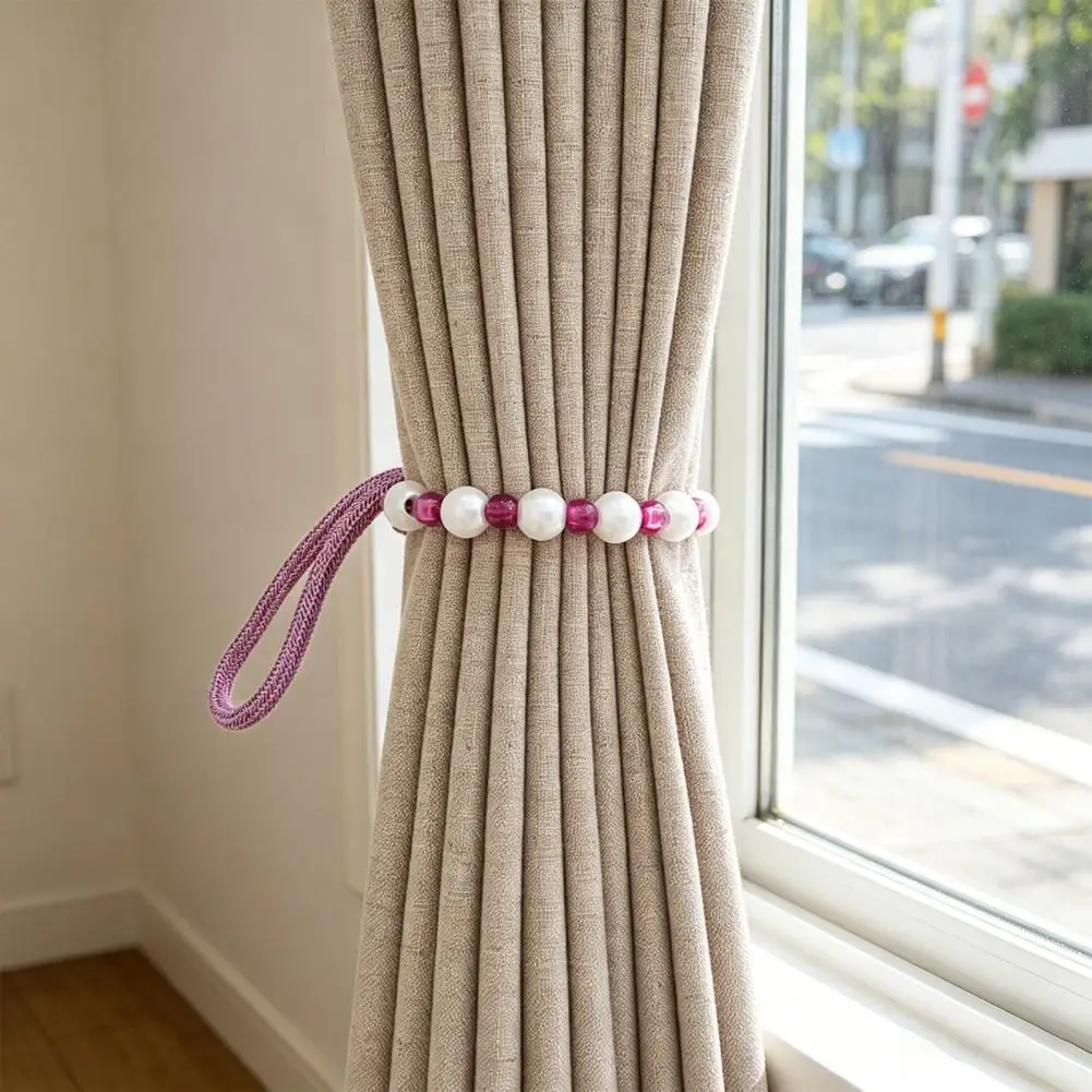 2Pcs Curtain Tiebacks with Pearls, Handmade Decorative Curtain Holdbacks Rope, Outdoor Farmhouse Tie Backs for Curtains, Curtain