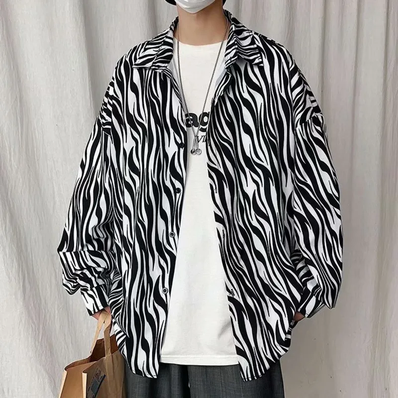 Autumn Shirt Men Casual Black White Zebra Striped Lapel Shirt Long Sleeve Male Blouse Fashion Loose Punk Street Shirts