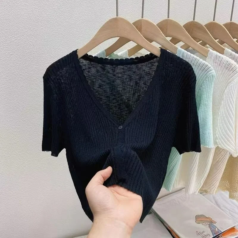 Ice Silk Knitted Cardigan Women\'s Summer Thin Short-sleeved Outer Wear Sun Protection Short Versatile Simple Commuter Top