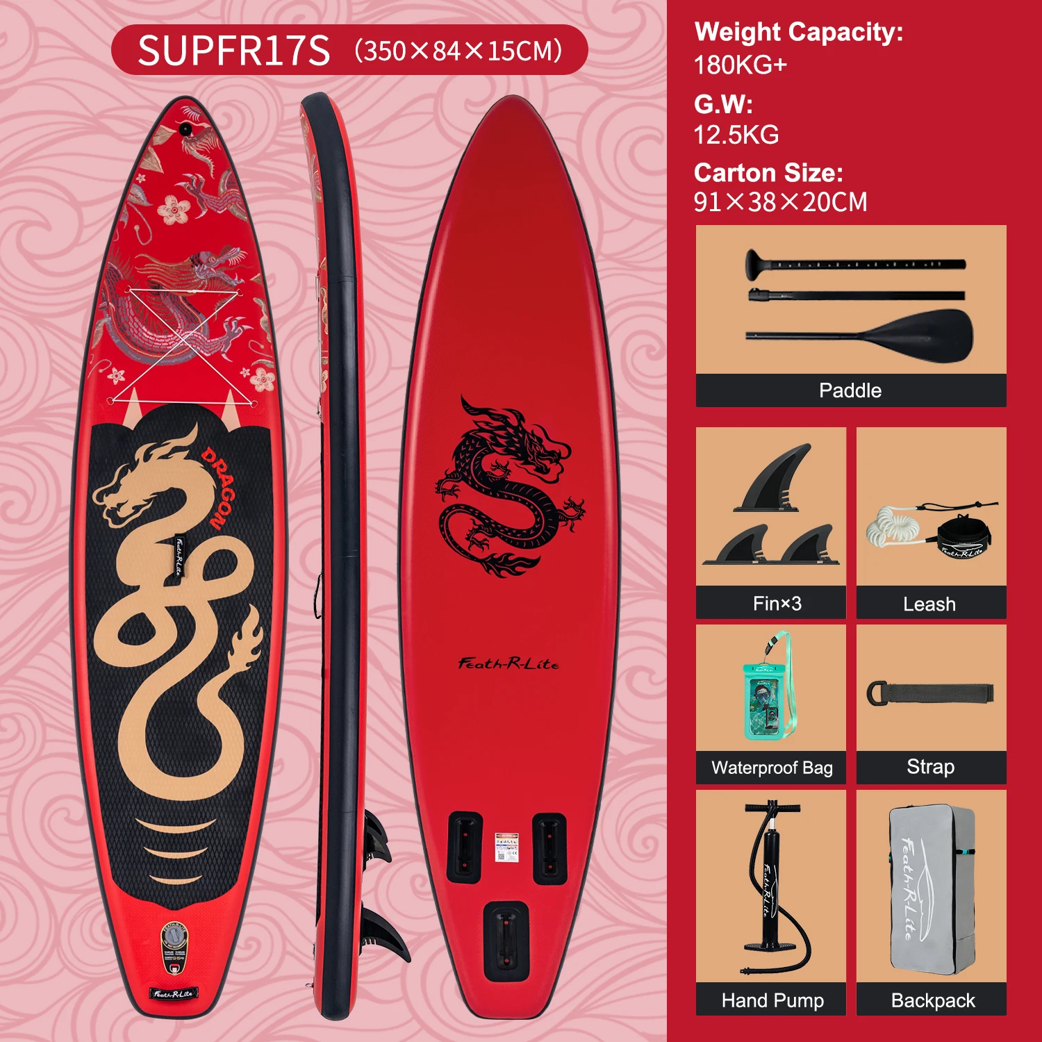 Funwater 11FT 32 " Roze Opblaasbaar Stand Up Paddleboard Palm Tree Kayak Zitje Waterdichte Telefoonhoes ISUP Complete Set Volwassenen SUP