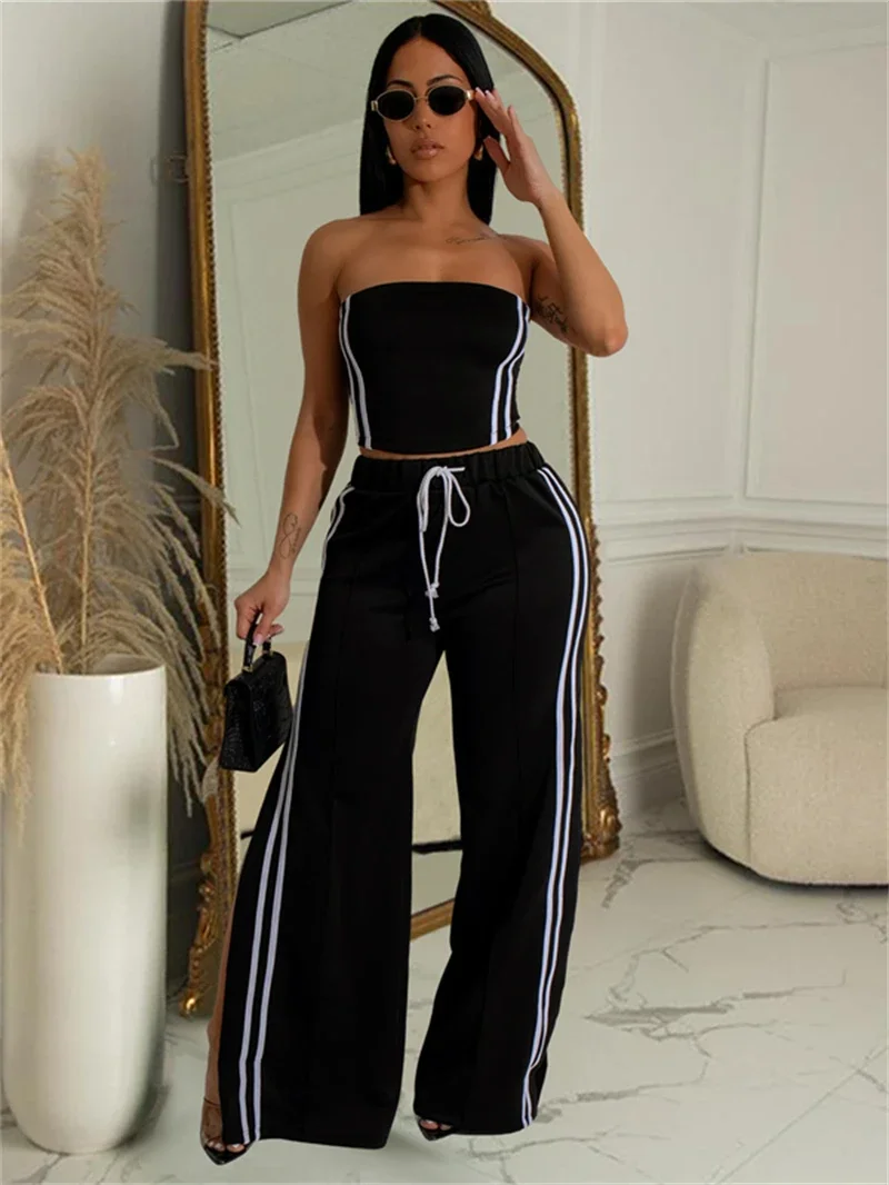 Streetwear 2 Piece Sets Women Outfit Summer Clothes Women 2024 Side Striped Strapless Vest Top and Pants Sets Casual Woman Sets