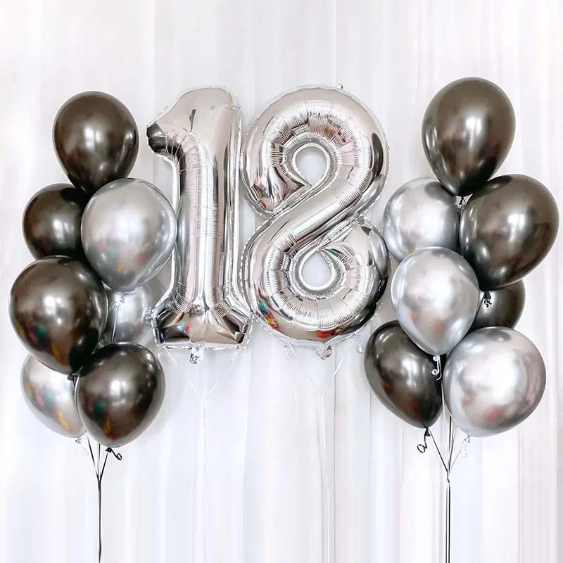 17pcs Silver Black Number Foil Balloons Birthday Party Decorations Adult Kids Girl Boy 10 11 14 15 18 30 35 40 50 60 70 Year Old