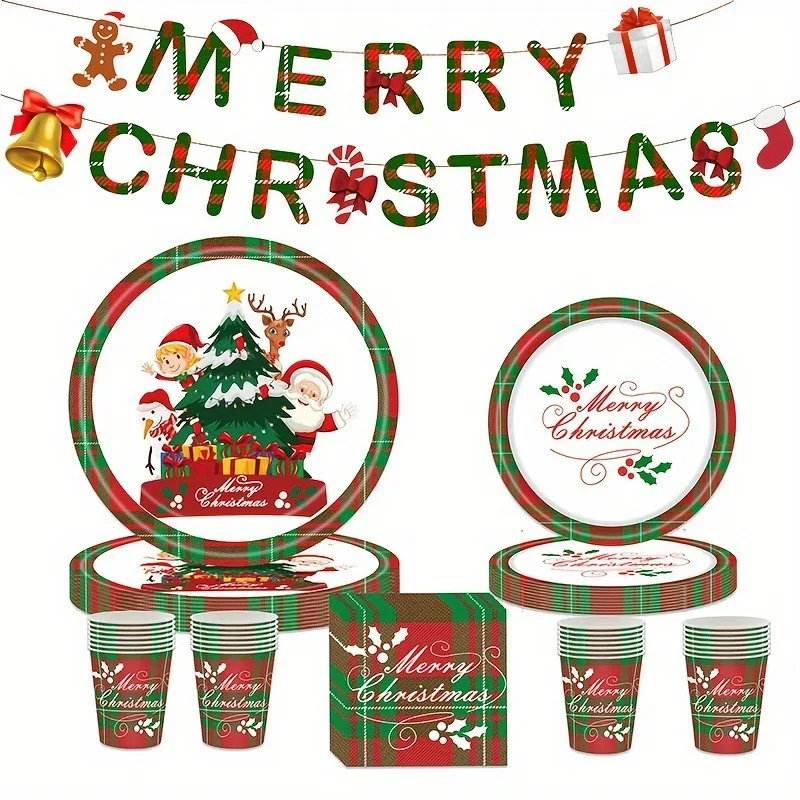 Cross-Border Hot Selling Dwarf Christmas Theme Party Disposable Tableware Suit Christmas Tree Paper Pallet Paper Cups Party Supp