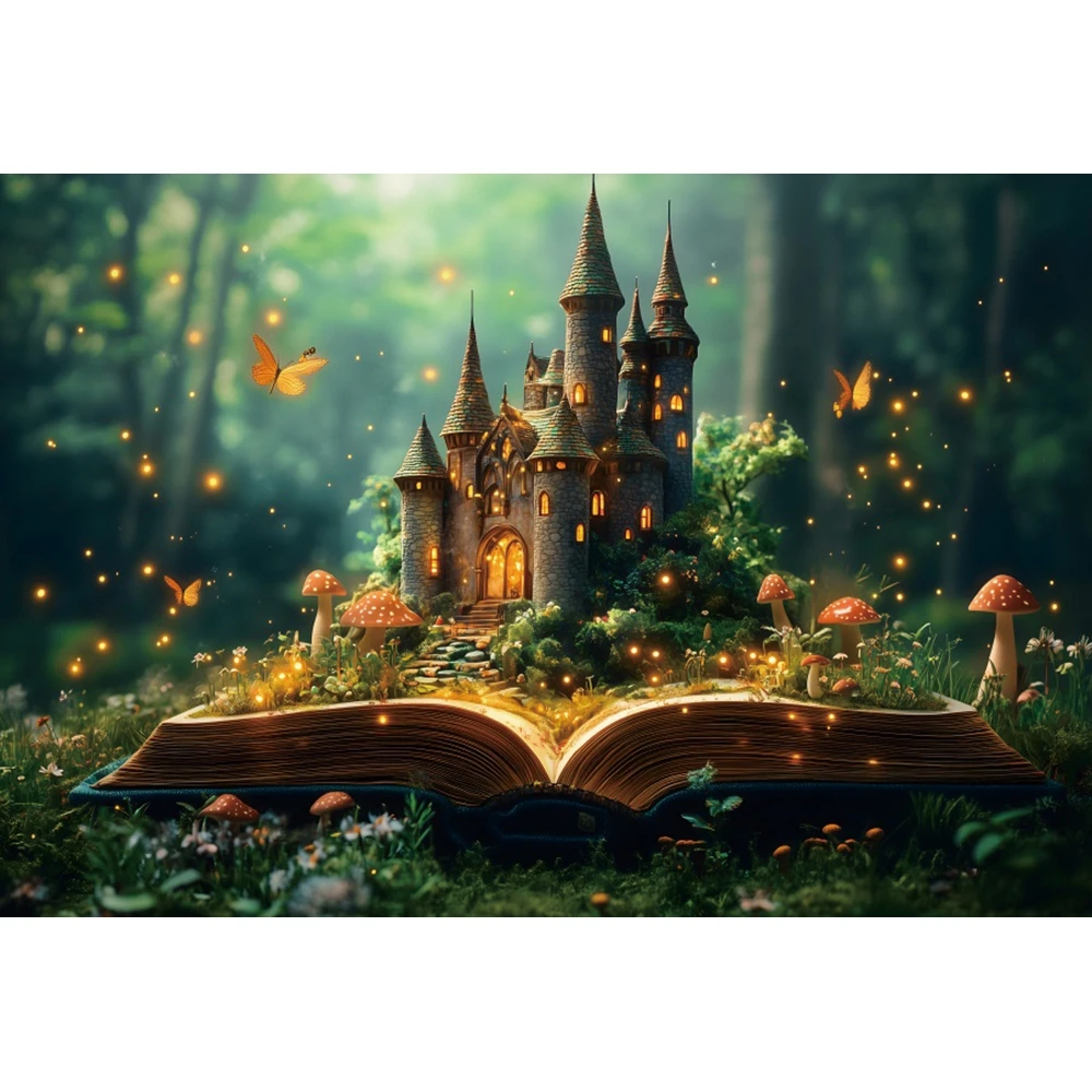 Dreamy Spring Photography Backdrop Fairy Tale Green Forest Castle Book Butterfly Mushroom Party Decor Portrait Photo Props