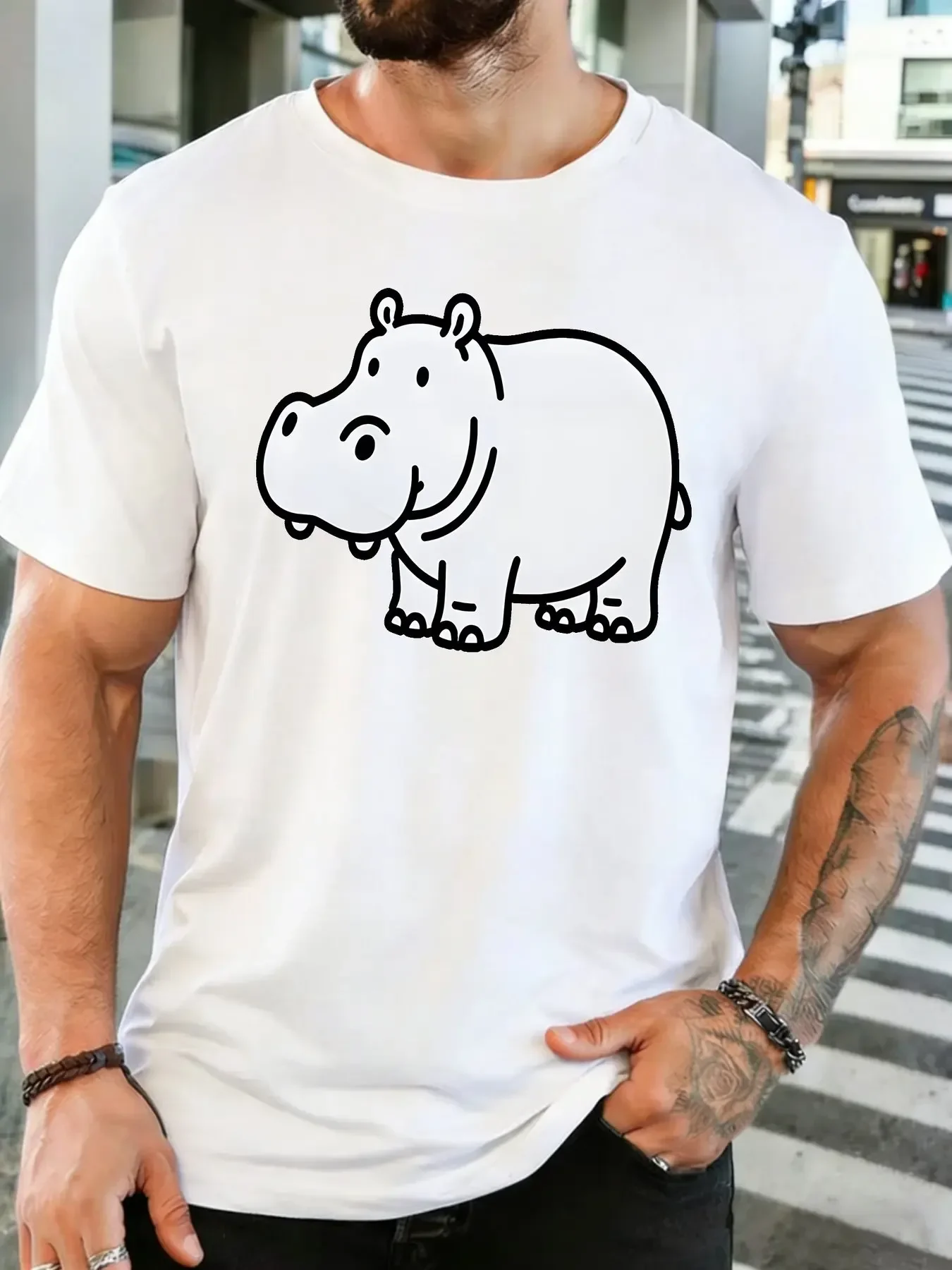 Simple Line Drawing Cute Hippo Graphic Mens Crew Neck Short Sleeve Cotton T Shirt Minimalist Wild Animal Print Male Casual Top
