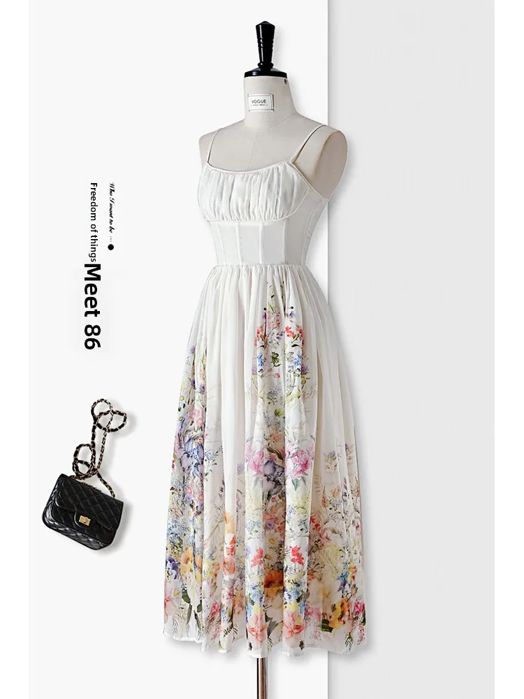 Letnia sukienka Fibone Beach Dr, damska sukienka na ramiączkach, Vaion Sle, z nadrukiem, łączona, z podkreśloną talią, wyszczuplająca, rozkloszowana spódnica midi.