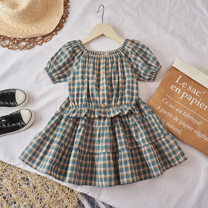 

Girls Summer Short Plaid Short-sleeved Blouse Skirt Two-piece Female Baby Korean Suit New Children Clothing