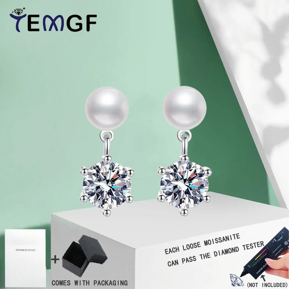 

TEMGF Freshwater Pearl Ear Studs for Women 6.5mm Moissanite/Zircon Pendants S925 Sterling Silver Earrings Classic Fine Jewelry