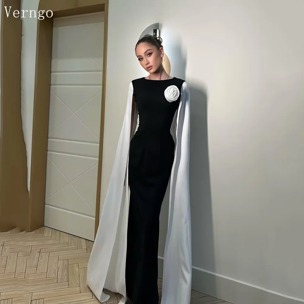 

Verngo Black White Crepe Evening Dress 3D Flowers Mermaid Arabic Prom Gown Simple Eid Classic Prom Party Dress Customized