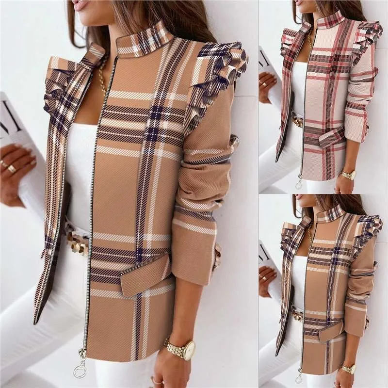 Abito da donna stampato con cerniera a maniche lunghe con bordo arricciato Cappotto piccolo Design elegante alla moda per occasioni casual e formali