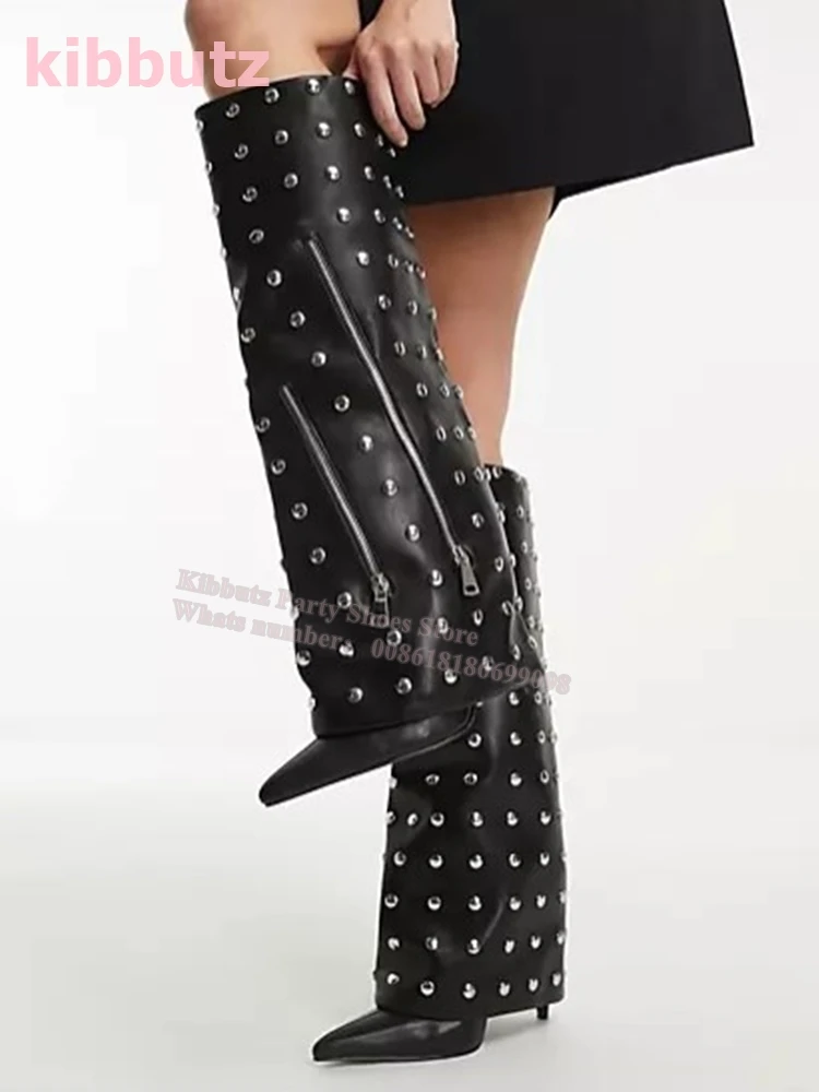 Studded Knee High Boots Rivet Solid Black Genuine Leather Side Zippers Pointed Toe Thin Heels Fashion Sexy Concise Women Shoes