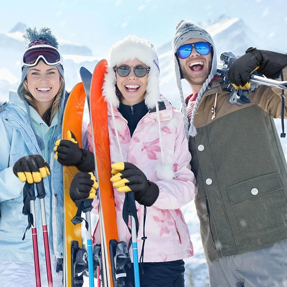 Luvas à prova de frio para homens e mulheres, Correia à prova d'água, Luvas de couro isoladas termicamente, Luvas de esportes ao ar livre