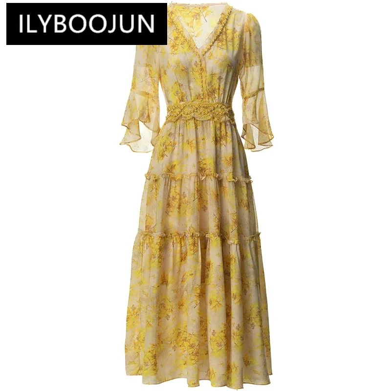 

ILYBOOJUN Fashion Designer Summer Midi Dress Women's V-Neck Flare Sleeve Floral Print Crystal Beading Vintage Dresses