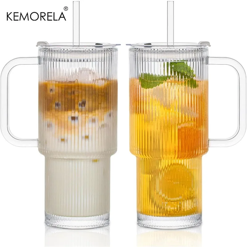 760ML Ribbed Glass Tumbler with Handle Lid 1/2/4PCS Large Iced Coffee Cups with Straws Modern Glass Mug for Cold & Hot Beverages