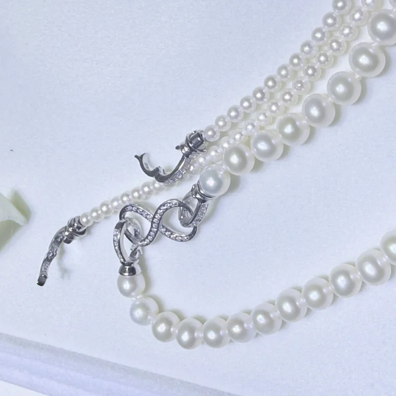 Natural Freshwater Pearl Necklace 3...6mm Near Round Almost Sterling Silver Clasp Double Row