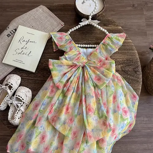 유머베어 활 시폰 아동복, 꽃무늬 민소매 조끼, 원피스 소녀 공주 원피스, 2024 신상  Best5