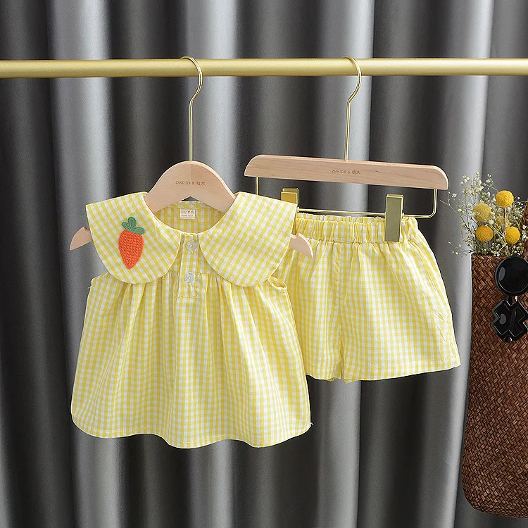 Summer Girls Cute Sets Fruit Cotton Plaid Sweet Princess 2pcs Set Children\'s Clothing Kids Baby Girl Cloths