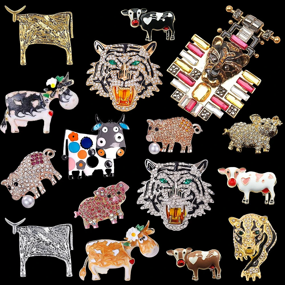 Broches y pinchos de lujo barrocos con temática de animales (tigre, buey y cerdo) para hombres y mujeres, accesorios de joyería y moda