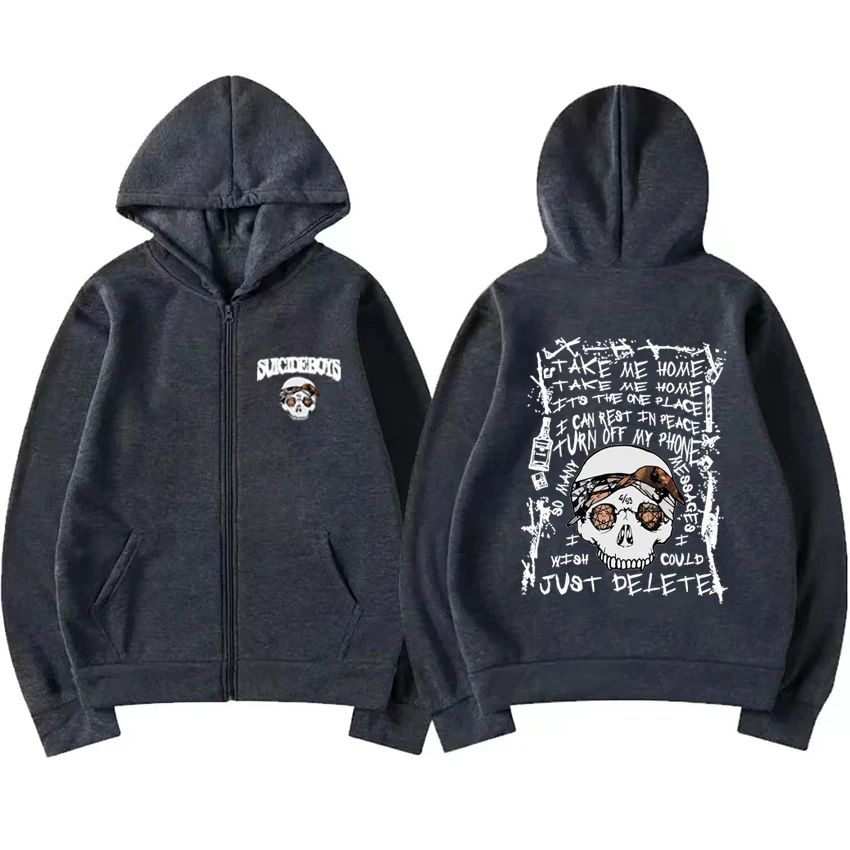 Hoodie preto de hip-hop feminino e masculino Suicideboys com zíper caveira G59, streetwear casual vintage, jaqueta unissex de zíper velo, novo álbum, 2024