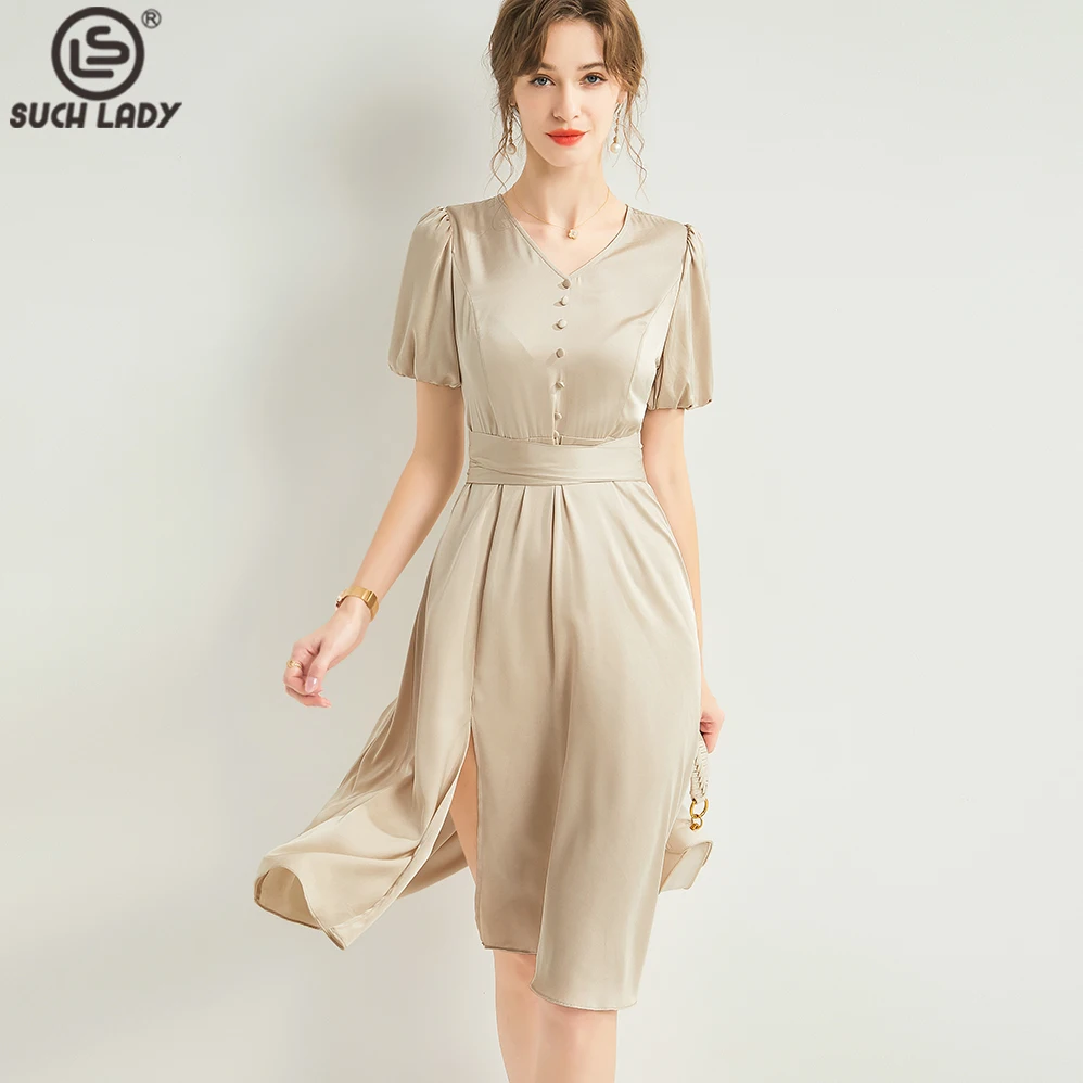 100% Natural Silk Dress Women's V Neck Short Sleeves Buttons Detailing Fashion A Line Summer Vestidos