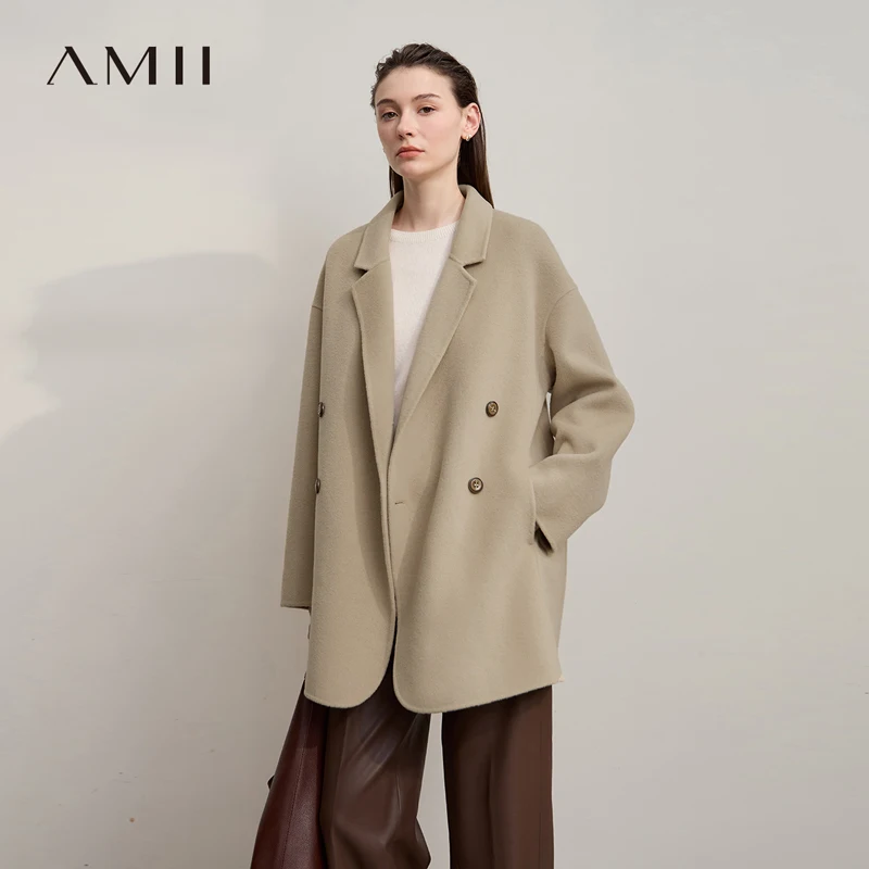 Amii abrigo de mujer 2025 invierno nueva chaqueta holgada de doble botonadura versátil para mujer abrigo de lana 100% de manga larga para mujer 12524036