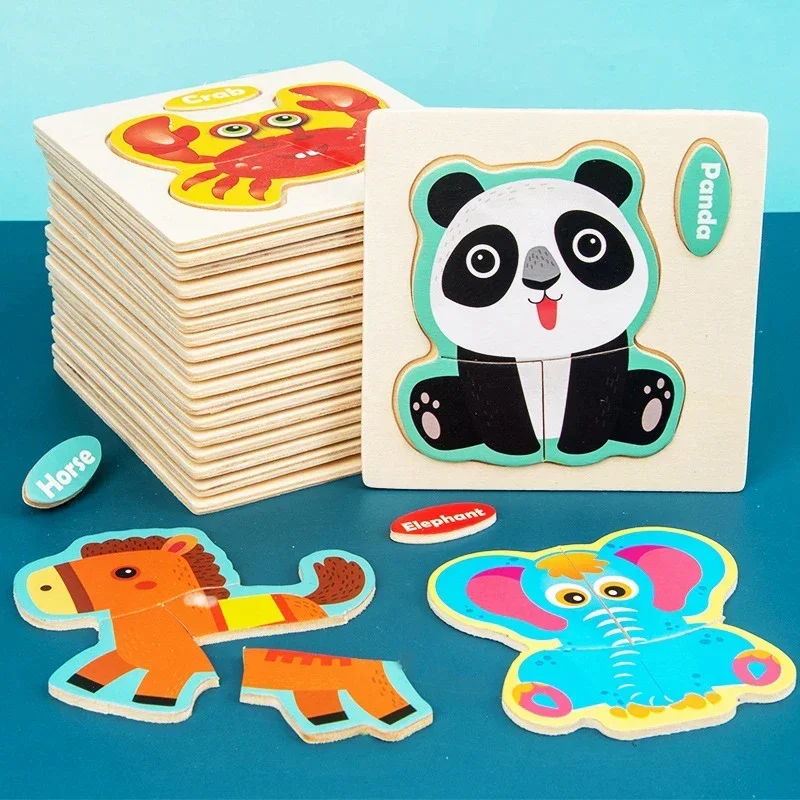 Baby Montessori Toys 3d Wooden Puzzle Cartoon Animal Traffic Jigsaw Puzzle Early Learning Educational Toys for Children Gift