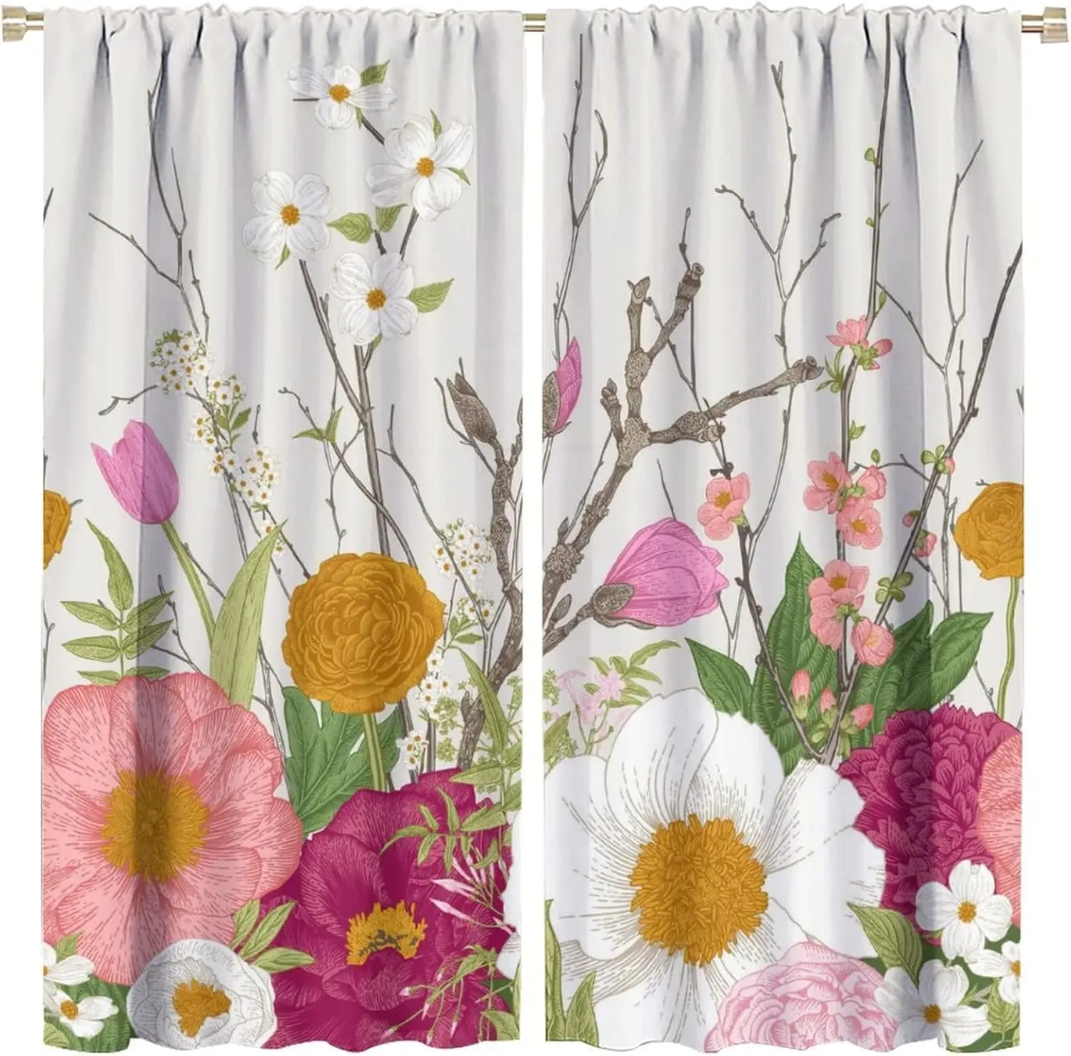 Vintage Wild Floral Branch Rod Pocket Curtain Peony Tulip Cherry Blossom Green Leaf Print White Background Bedroom Window Drapes
