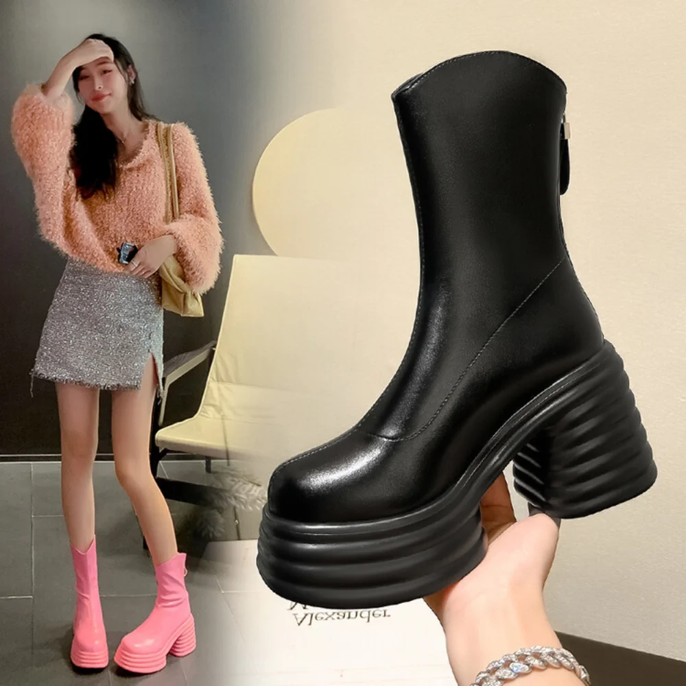 White Pink Short Boots Women Genuine Leather Platform Chunky Heel Ankle Boots Fashion Gothic Style Modern Boots High Heels Shoes