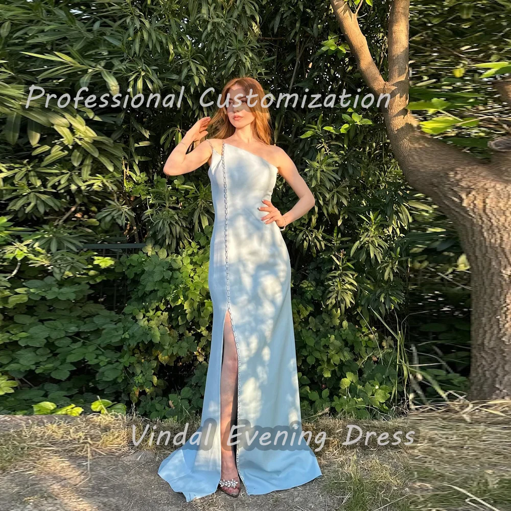 

Vindal One Shoulder Floor Length Beaded Sexy Straight luxurious Breast padding Crepe Elegant Sleeveless السعود For Woman 2024