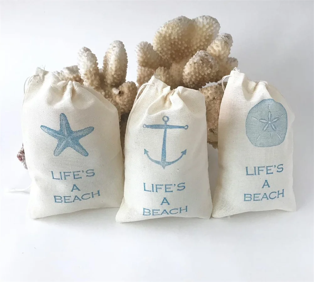 20PCS Nautical Favor Bags Beach Party Bags Wedding Welcome Goodie Bags Anchor Muslin Hawaiian Aloha Starfish Life's A Beach Baby