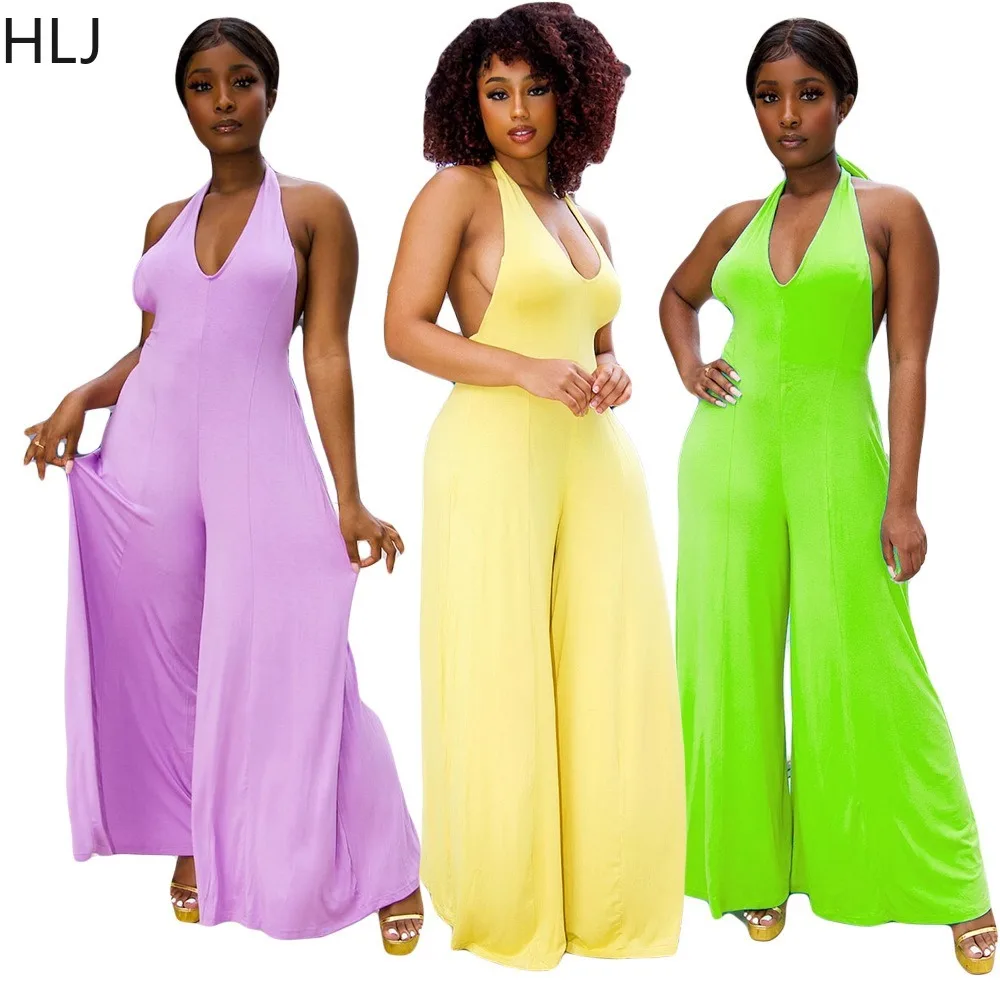 

HLJ Autumn New Sexy Bodycon Jumpsuits Women Solid Color Halter Deep V Backless One Piece Rompers Female Streetwear Overalls