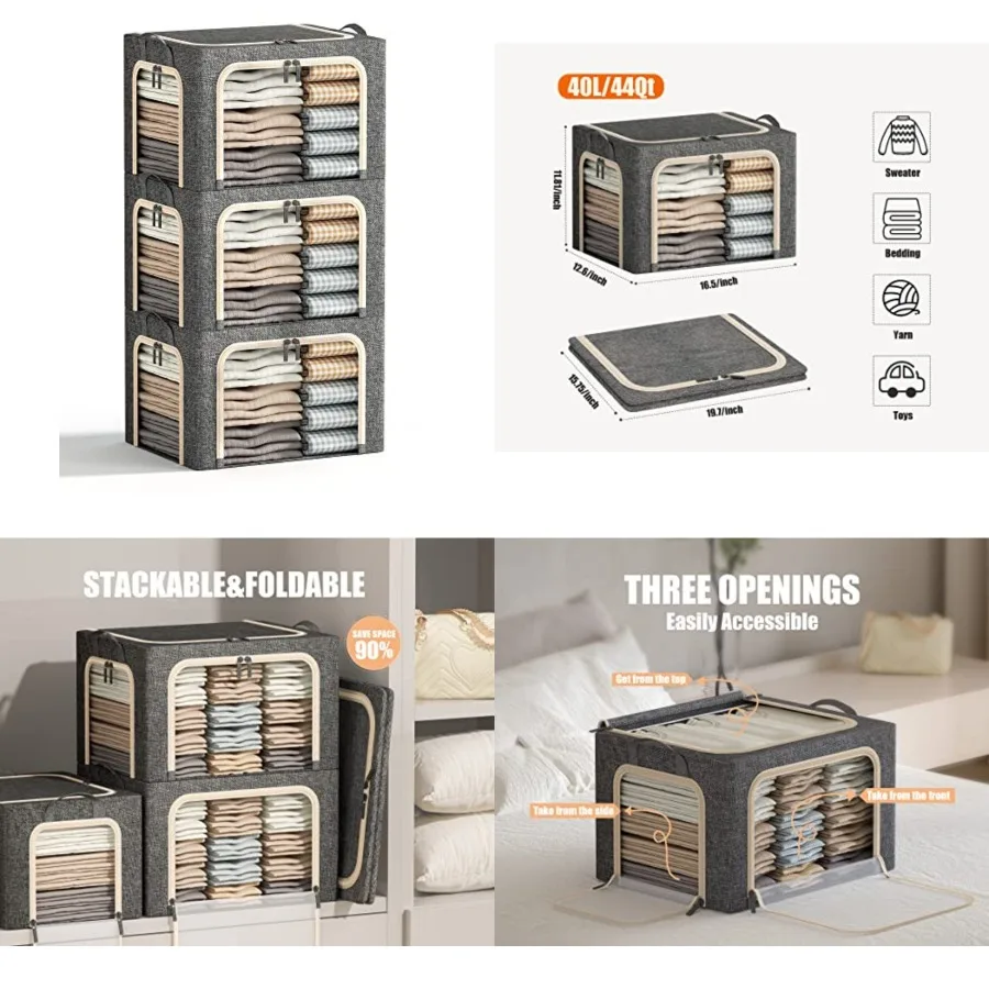 

3 Openings Clothes Storage Bins with Metal Frame, Foldable Storage Bin for Clothes, Clothing Storage Bins with Lid, Linen Stora
