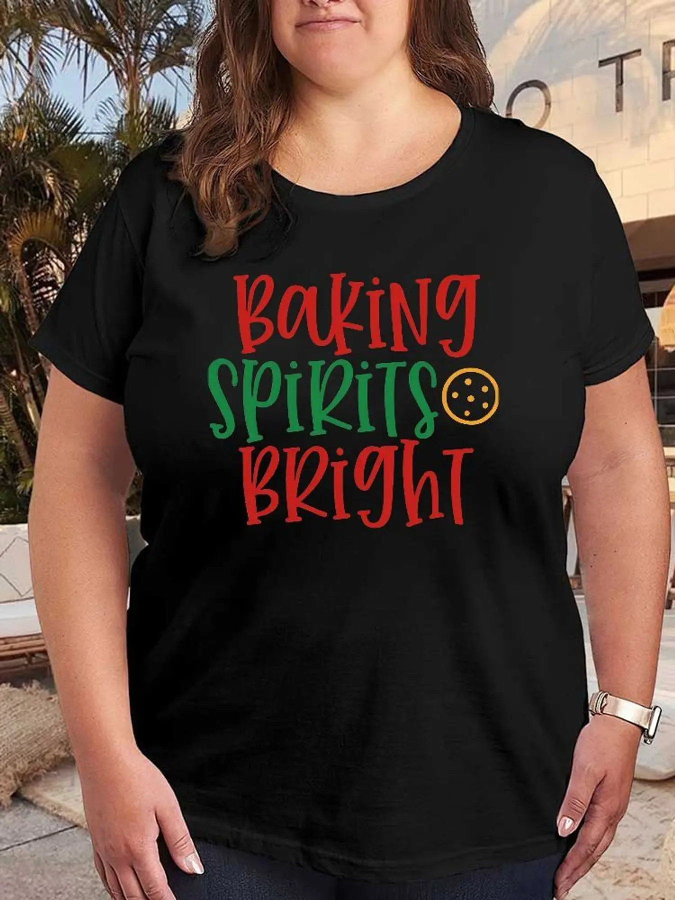 Baking Spirits Bright Christmas Graphic T Shirt Women Fashion Stretchy Plus Size Short Sleeve Casual Soft Tees Clothes
