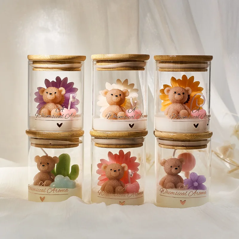 Cartoon Cute Bear Sunflower Cactus Scented Candle Handcrafted Birthday Gift Souvenir Tabletop Atmosphere Decoration Candle Cup